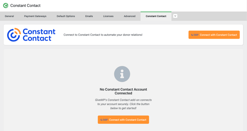 Constant Contact connection settings in GiveWP